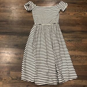 Striped off the shoulder Midi dress. Whowhatwear